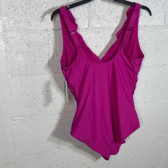 DKNY Ruffle Plunge Underwire Tummy Control One-Piece Swimsuit PINK XXL - Picture 6 of 12